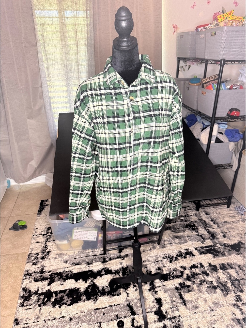 Green and White Plaid Button-Up Shirt with Side Pockets